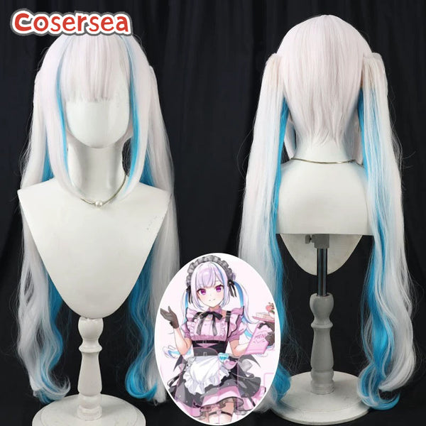Cosersea Virtual YouTuber Lize Helesta Wavy White Mixed Light Blue Ponytail Cosplay Wigs