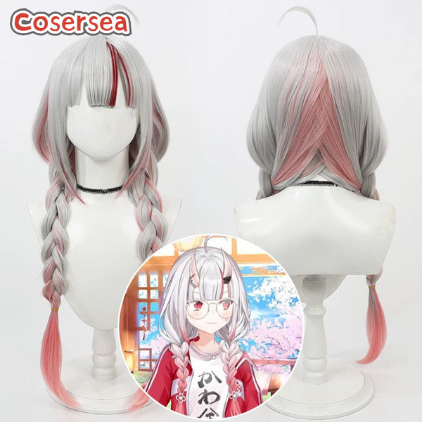 Cosersea Virtual YouTuber Nakiri Ayame 60cm Silver Gray Mixed Pink Red Cosplay Wigs