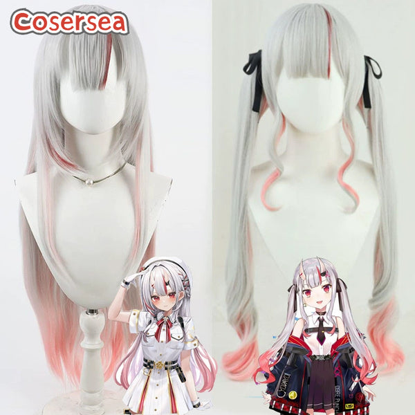 Cosersea Virtual YouTuber Nakiri Ayame 90cm Silver White Mixed Pink Cosplay Wigs