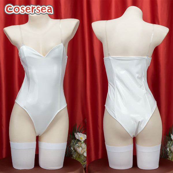 White PU Leather Glitter Strap Swimsuit Roleplay Low-cut Bunny Jumpsuit
