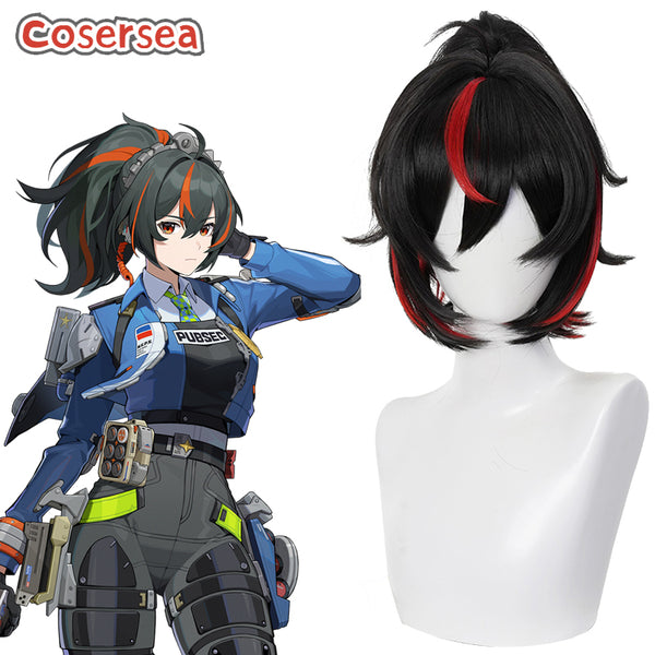 Zenless Zone Zero Zhu Yuan 37cm Black Mixed Red Ponytail Cosplay Wigs